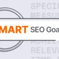 Magnifying glass hovering over a search bar displaying the words “SMART SEO Goals,” with the SMART acronym terms faintly visible in the background.