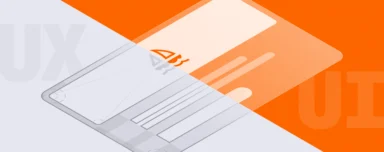Abstract image combining UI and UX themes with orange and gray tones. Overlapping geometric shapes and partial text create a modern, tech-inspired feel.