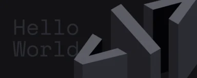 Dark-themed graphic with "Hello World" text on the left and geometric shapes resembling arrows pointing upward on the right, conveying a modern, tech vibe.