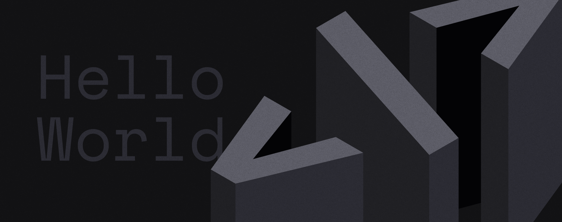 Dark-themed graphic with "Hello World" text on the left and geometric shapes resembling arrows pointing upward on the right, conveying a modern, tech vibe.