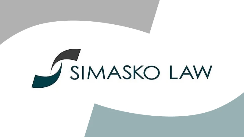 Logo for Simasko Law featuring stylized "S" design in teal and black on a white and gray geometric background. Modern and professional tone.