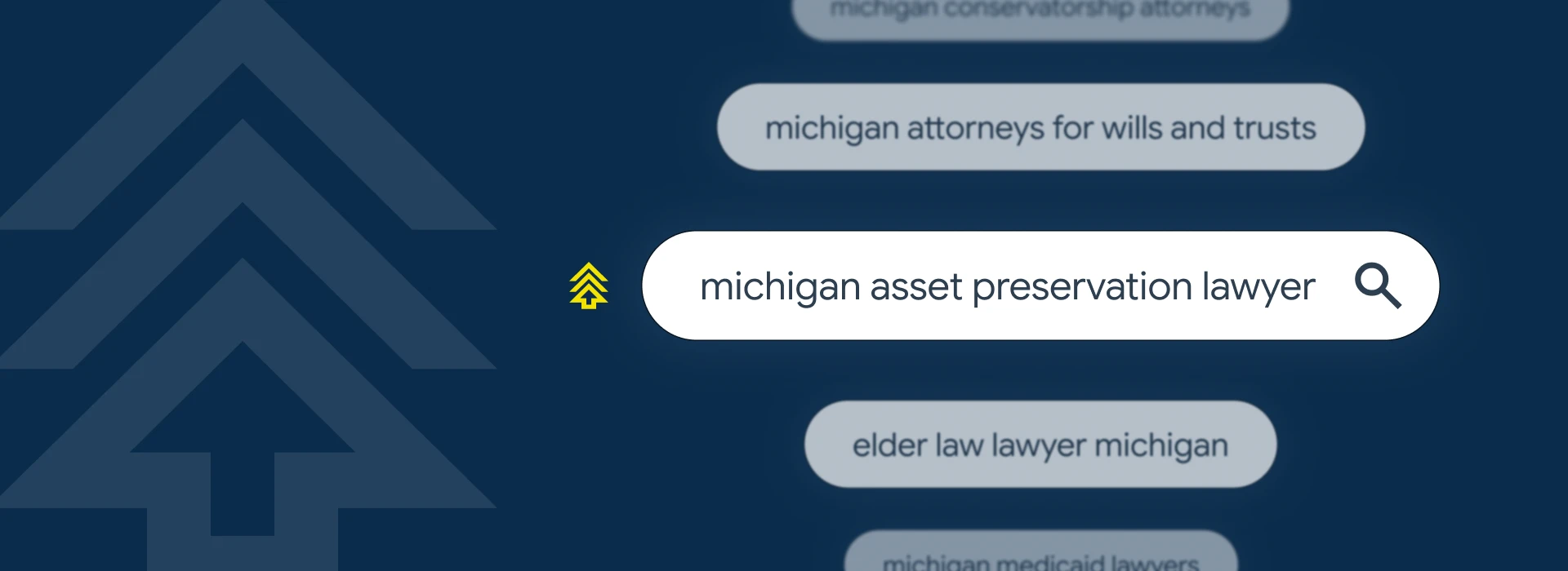 Search bar displaying "michigan asset preservation lawyer" on a blue background with arrows. Nearby are related phrases, conveying a professional tone.