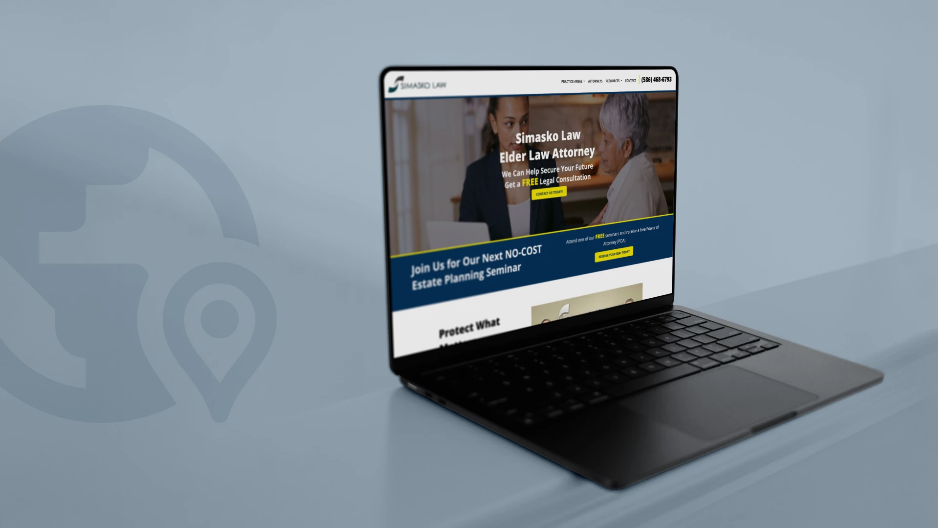 Laptop displaying a law firm's website offering elder law services. The screen highlights a no-cost estate planning seminar. The background is blurred.