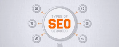 Illustrated graphic showing a magnifying glass with the words “Types of SEO Services” in the center. Surrounding icons represent different SEO categories, including technical SEO, on-page SEO, link building, local SEO, e-commerce SEO, and performance measurement. Light gray SEO-related terms form a subtle background pattern.