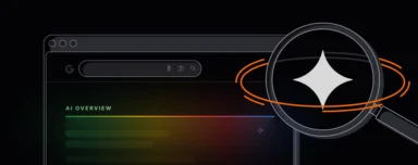 Illustration of Google search results highlighting AI Overviews with a magnifying glass emphasizing AI-generated summaries