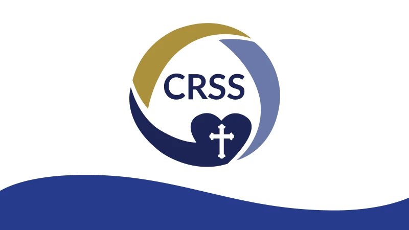 Logo with circular design featuring "CRSS" and a heart symbol with a cross inside. Blue, gold, and white color scheme with flowing lines.
