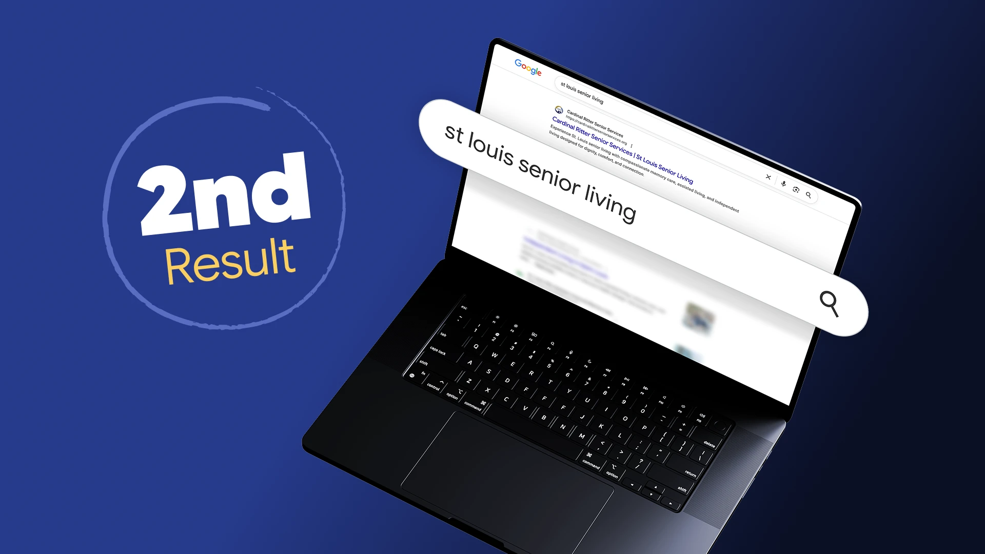 A laptop with a Google search for "St Louis senior living" is displayed, highlighting the second search result. Text reads "2nd Result" on a blue background.