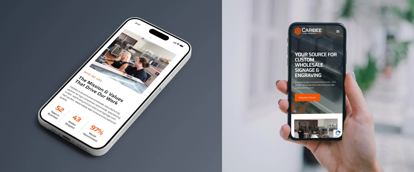 Two smartphones displaying professional websites. The left phone shows a company's mission and values, with a warm and collaborative scene. The right phone features a sleek design for a signage and engraving business, held by a hand, conveying professionalism.