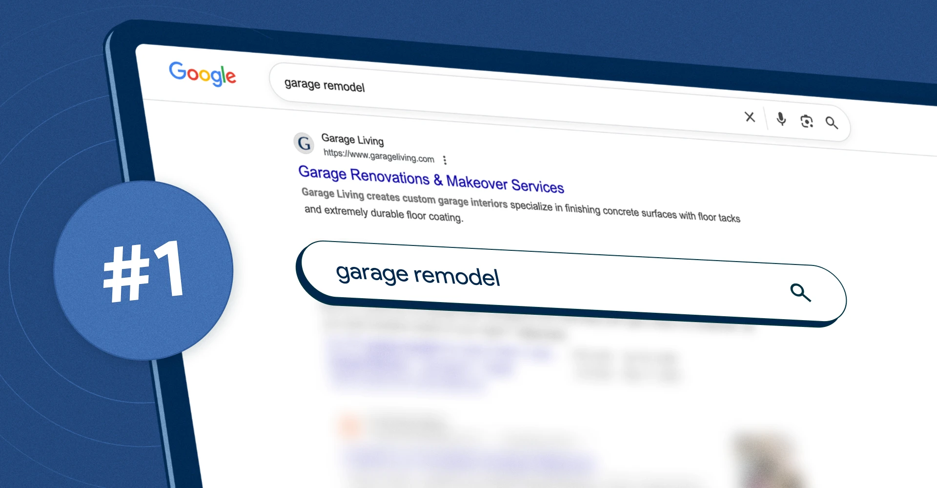 A Google search page for "garage remodel," highlighting a top result for Garage Living, with a blue circle labeled "#1," indicating their ranking.