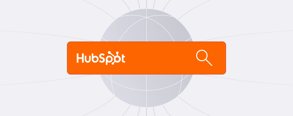 Illustration of HubSpot branding with a search icon, representing SEO and search optimization
