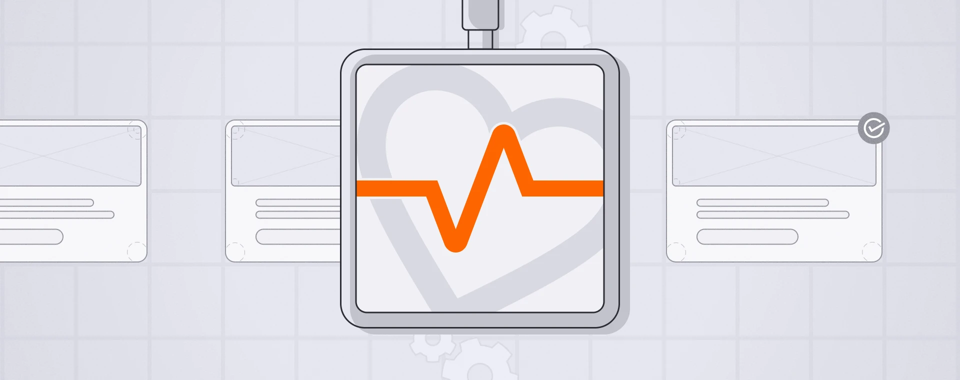 Illustration representing an SEO audit with website panels connected to a performance monitor and heartbeat line