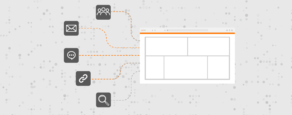 A technical illustration on a light gray grid background showing a dark gray server rack on the left connected to a desktop monitor on the right. Orange dashed lines arc between the server and the monitor, representing data transfer. Faded gray icons of web pages and video players float in the background.