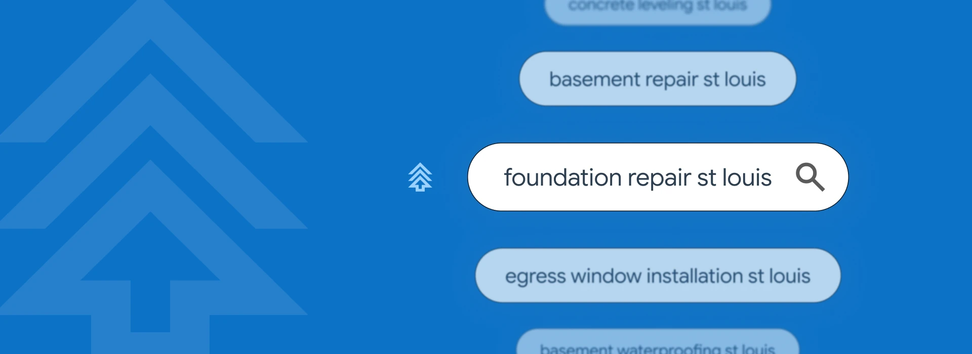 A close-up graphic on a bright blue background showing a white search bar containing the phrase "foundation repair st louis" with a magnifying glass icon. Faded search bubbles for "basement repair" and "egress window installation" float in the background.