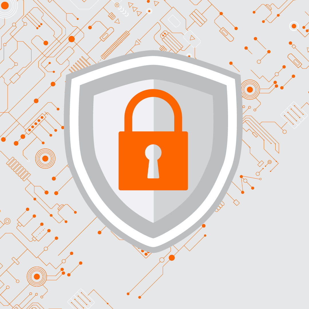 A security-themed graphic featuring a large, stylized silver shield in the center containing a bright orange padlock icon. The background consists of a light gray surface overlaid with orange circuit board patterns, nodes, and technical line art, symbolizing digital data protection.