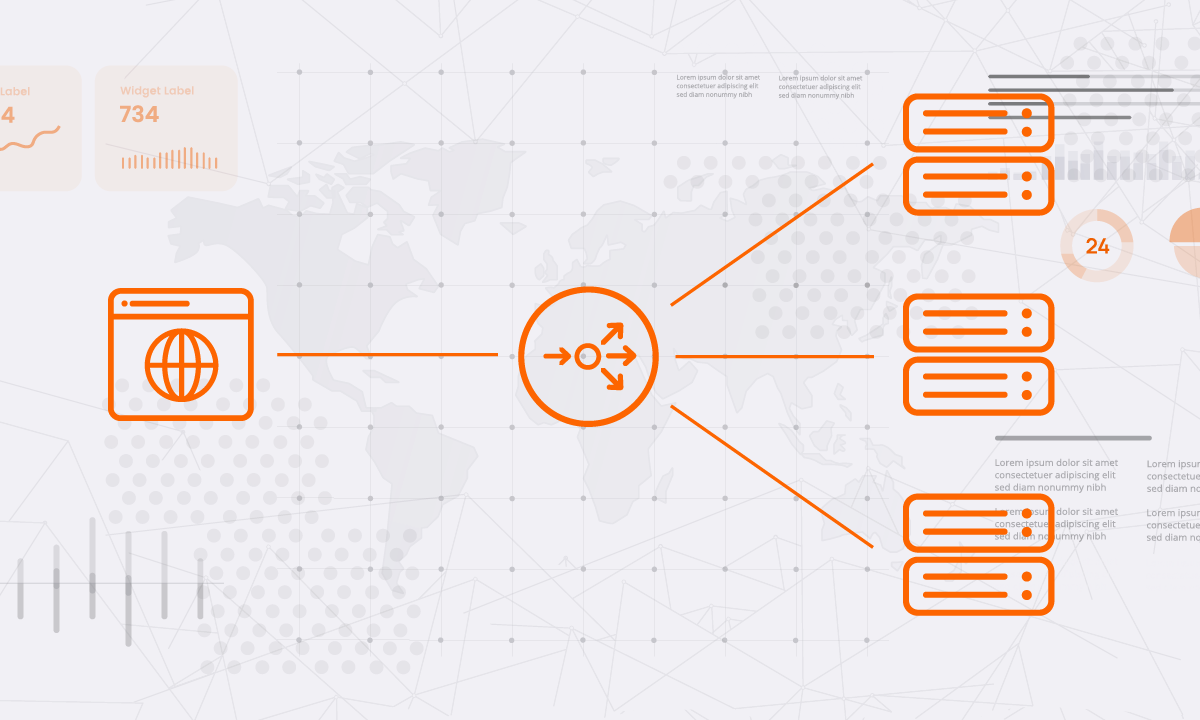 An orange line-art infographic over a faint gray world map and data dashboard. A browser icon on the left is connected by a solid line to a central distribution node. From that node, multiple lines branch out to four stacked server icons on the right, illustrating how data is tracked and distributed from a website to various storage points.