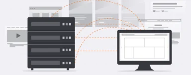 A technical illustration on a light gray grid background showing a dark gray server rack on the left connected to a desktop monitor on the right. Orange dashed lines arc between the server and the monitor, representing data transfer. Faded gray icons of web pages, video players, and social media posts float in the background to signify digital content.