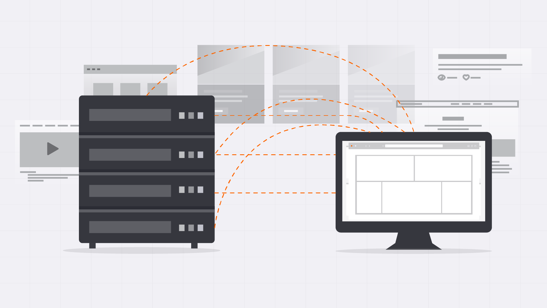 A technical illustration on a light gray grid background showing a dark gray server rack on the left connected to a desktop monitor on the right. Orange dashed lines arc between the server and the monitor, representing data transfer. Faded gray icons of web pages, video players, and social media posts float in the background to signify digital content.