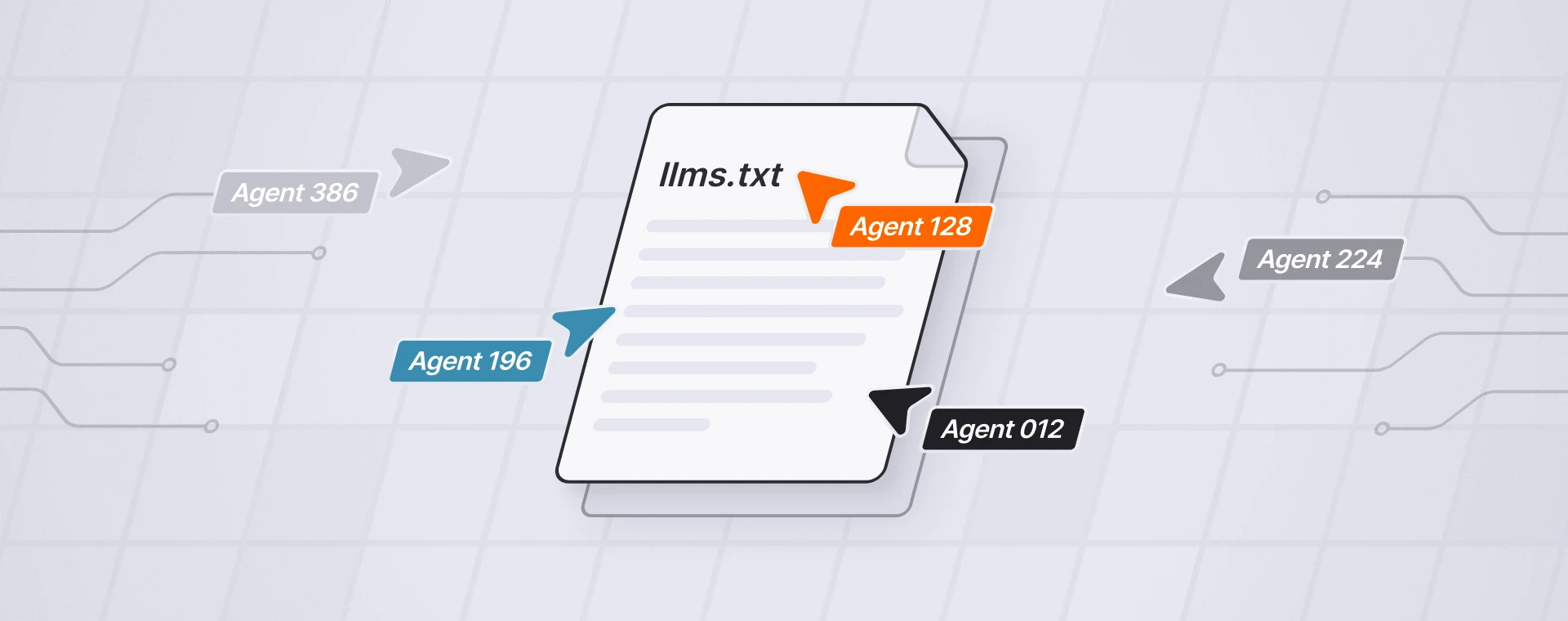 Illustration of a llms.txt file being accessed by multiple AI agents representing structured content for AI systems