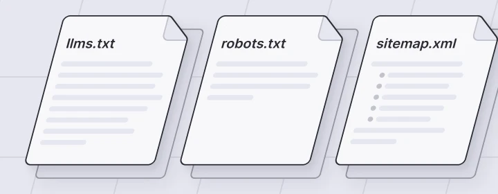 Comparison graphic showing llms.txt, robots.txt, and sitemap.xml files used for website crawling and indexing