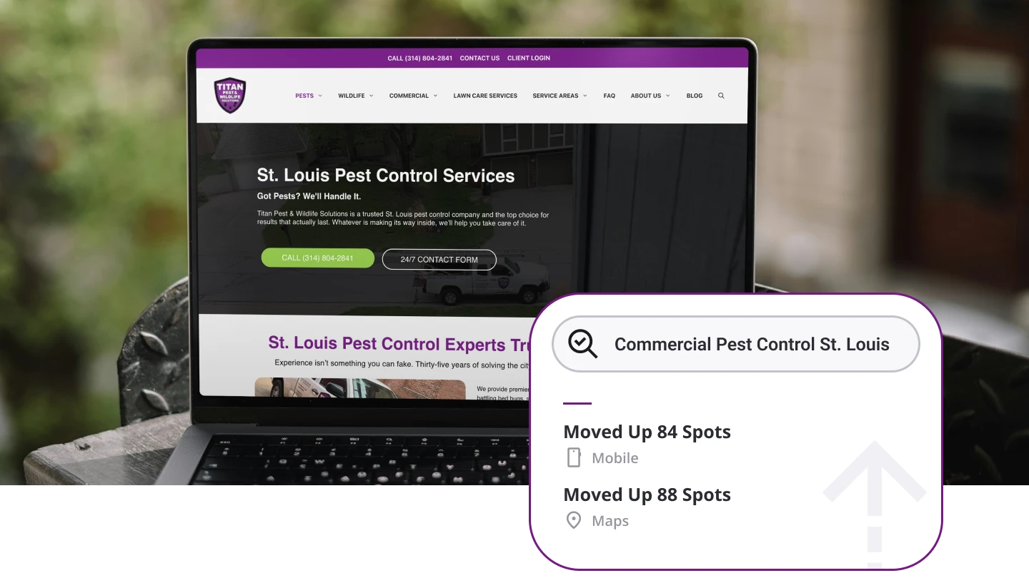 Pest control website on laptop with overlay showing keyword ranking increases for commercial pest control in St. Louis