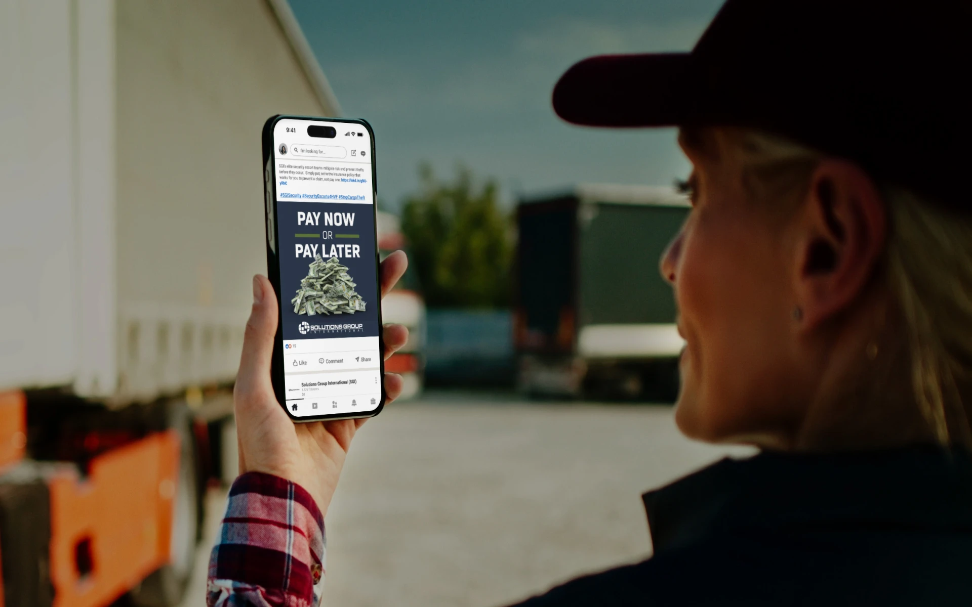 A person in a cap and plaid shirt holds a smartphone outdoors, reading "PAY NOW or PAY LATER" with a truck in the blurred background.