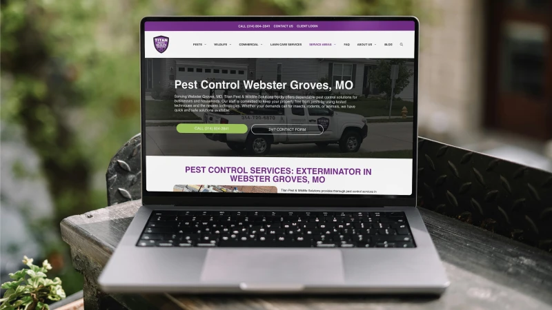 Laptop displaying a pest control website for Webster Groves, Missouri with service details and contact options