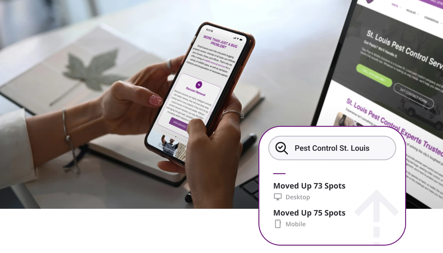 Smartphone displaying pest control service page with overlay showing ranking improvements for exterminator keywords in St. Louis