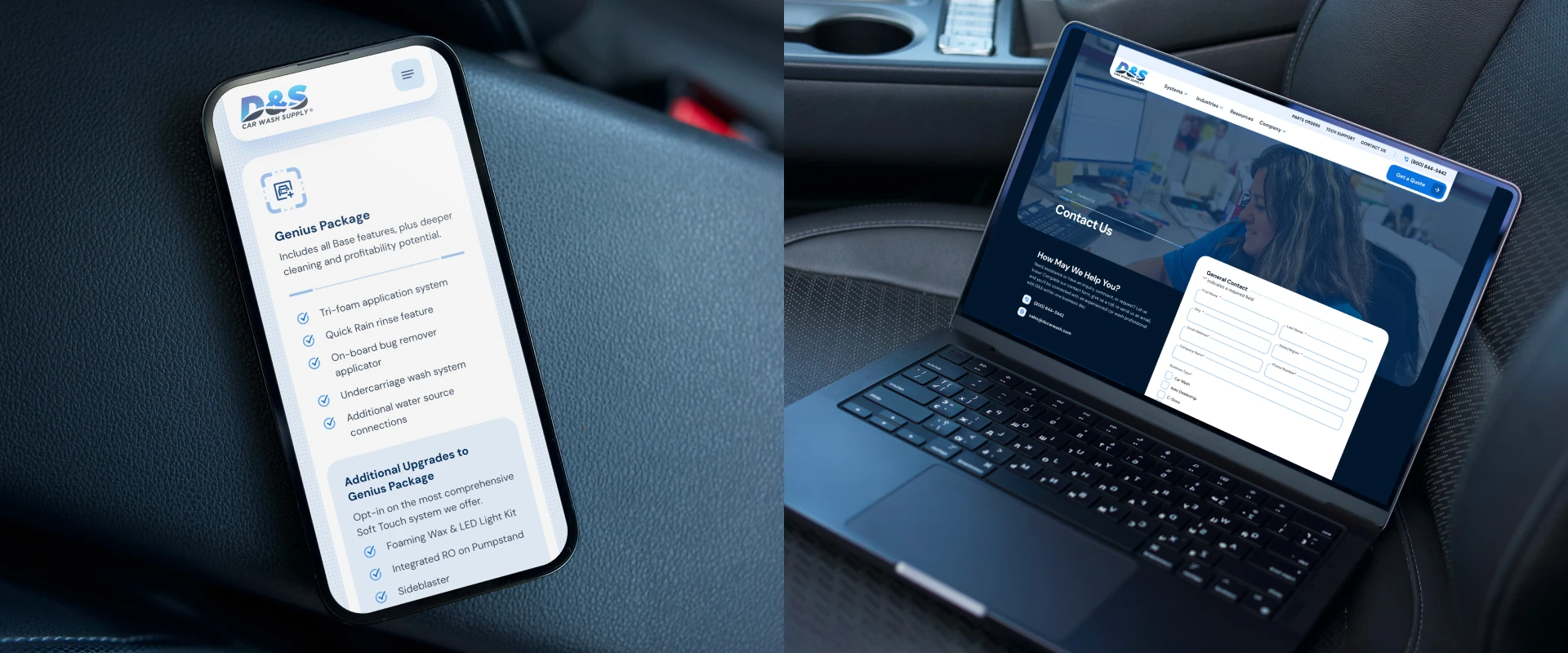 Smartphone and laptop displaying a car wash equipment company website with mobile product details and desktop contact form pages