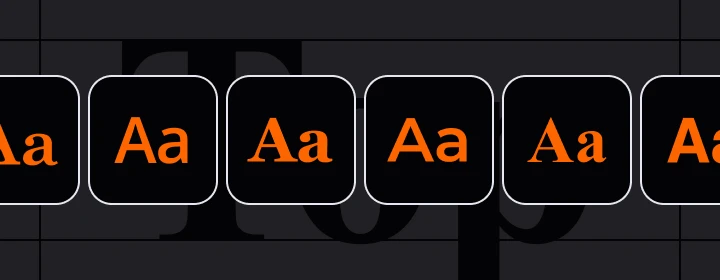 Dark graphic showing multiple font style tiles displaying orange “Aa” letterforms in different typefaces side by side.