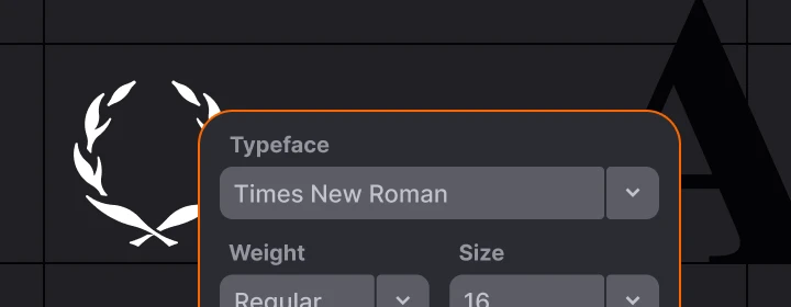 Dark interface showing typography settings with “Times New Roman” selected as the typeface alongside font weight and size controls.
