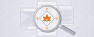 Magnifying glass over a smartphone displaying a cannabis leaf logo, with social posts and a 'dispensary near me' search in the background.