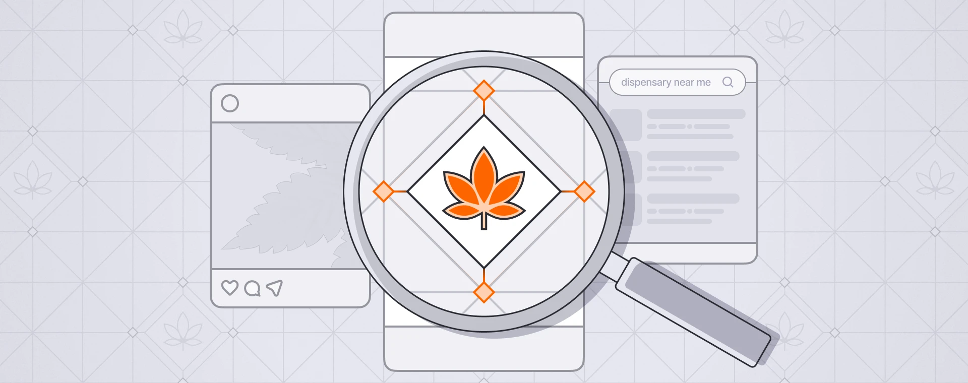 Magnifying glass over a smartphone displaying a cannabis leaf logo, with social posts and a 'dispensary near me' search in the background.