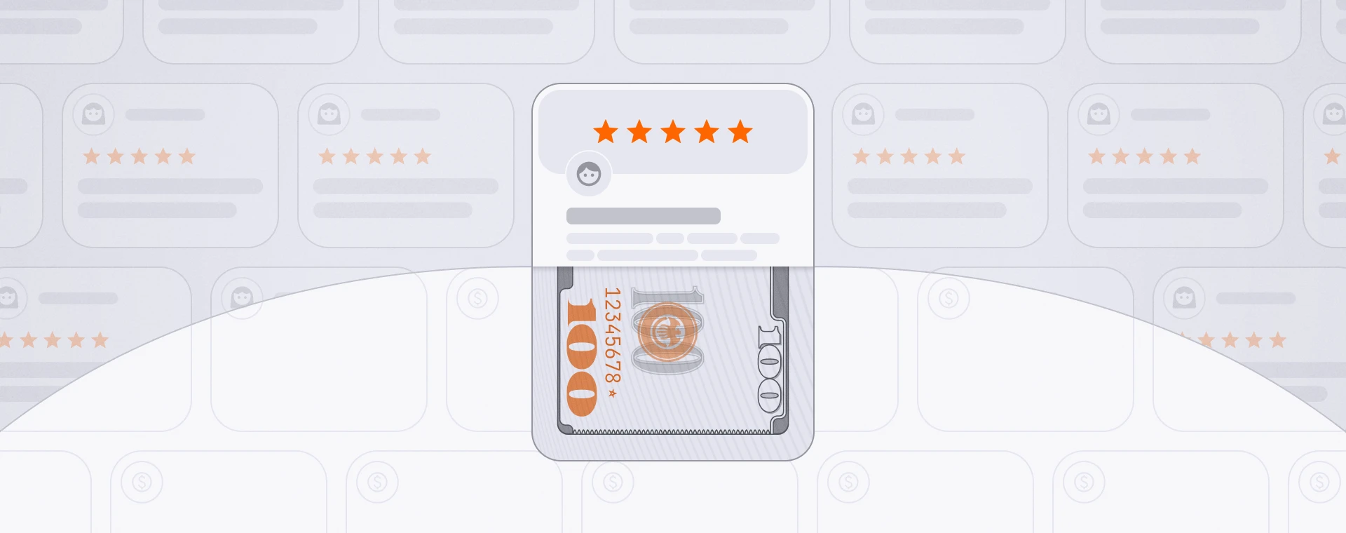 Illustration of a five-star review with a stylized $100 bill underneath, suggesting high value. Background features faded reviews, conveying a trustworthy tone.