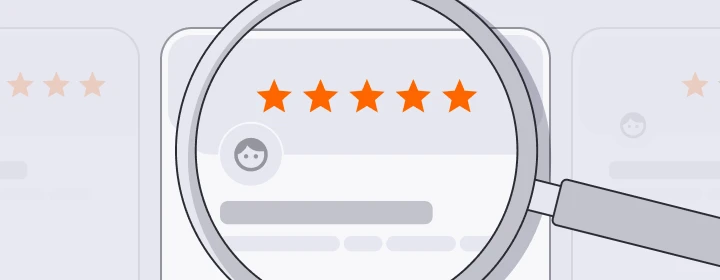 Illustration of a magnifying glass focusing on a 5-star rating above a profile icon, suggesting a review or evaluation concept. Neutral tones.