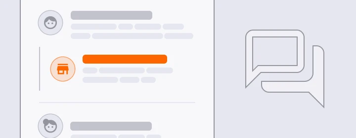 Chat interface illustration with two user icons on the left, text lines, an orange bar with a storefront icon, and chat bubbles on the right. Quiet tone.