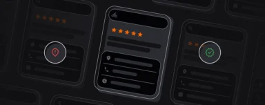 Three dark-themed Google Business Profile cards displaying star ratings, business information fields, and verification status icons, with a red warning pin on one profile and a green verified badge on another