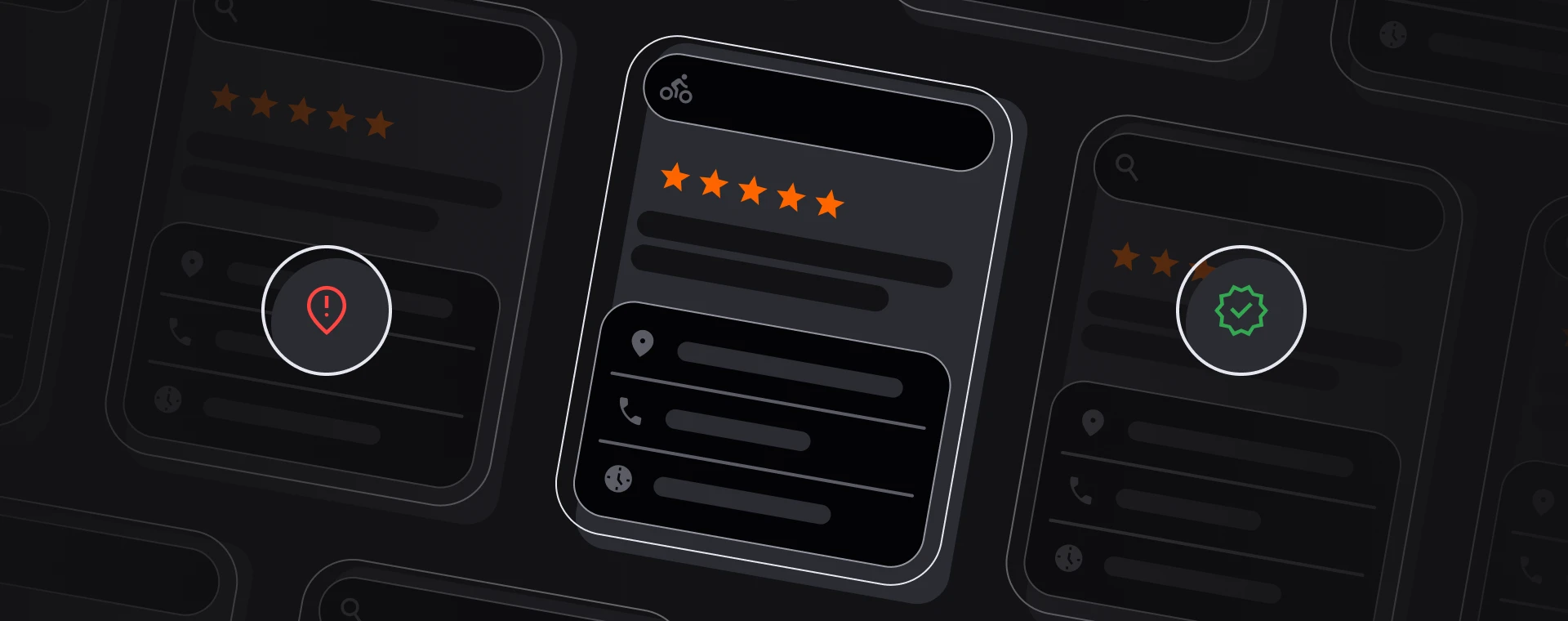 Three dark-themed Google Business Profile cards displaying star ratings, business information fields, and verification status icons, with a red warning pin on one profile and a green verified badge on another