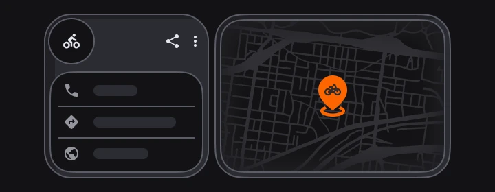 Split-screen graphic showing a Google Business Profile card with phone, directions, and website fields next to a map displaying an orange location pin marked with a bicycle business icon