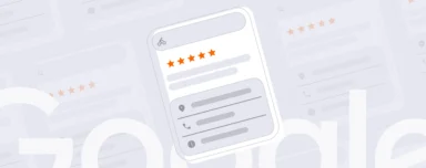 A digital illustration showing a 5-star review on a search engine result card. Icons for location, phone, and web are visible, with a light gray background.