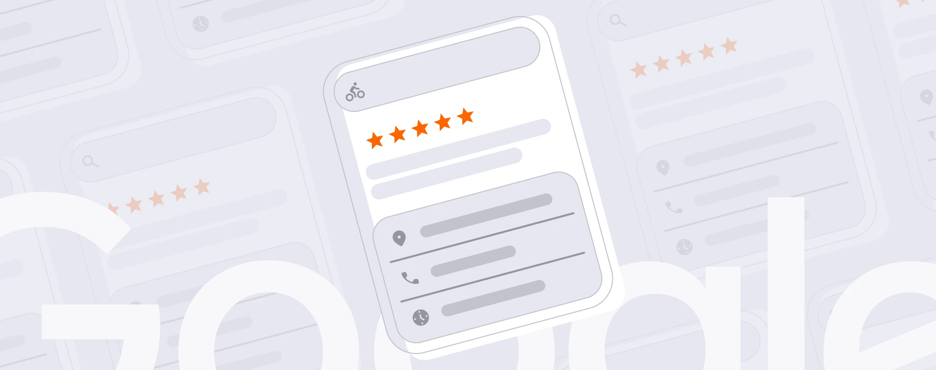 A digital illustration showing a 5-star review on a search engine result card. Icons for location, phone, and web are visible, with a light gray background.