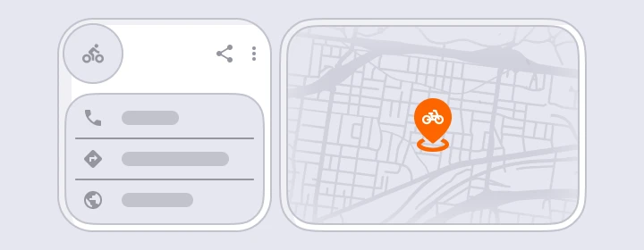 Illustration of a map interface showing a bike icon pinpointing a location. Adjacent panel shows contact options with icons for phone, directions, and website.