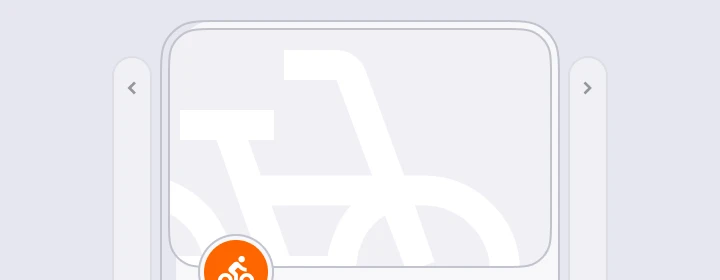 Abstract illustration of a white bicycle on a light gray background, enclosed in a rounded rectangle with navigation arrows. An orange logo overlays.