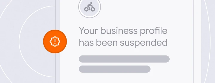 Notification screen with orange alert icon and text stating 'Your business profile has been suspended' on a light gray circular background.