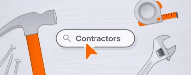 Search bar displaying the word "Contractors" with an orange cursor below it, surrounded by construction tools including a hammer, adjustable wrench, tape measure, and scattered nails on a light woodgrain background.