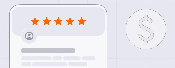 Close-up of a review card featuring five orange stars above a user profile icon and placeholder review text, with a gray dollar sign icon displayed to the right.