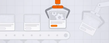 Illustration of manufacturing website pages moving through an automated lead generation and qualification process