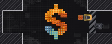 A dark, grid-style illustration showing a forklift moving colored blocks arranged in a circular process. The blocks use icons representing dollars, map pins, people, and other business concepts, suggesting manufacturing challenges like customer acquisition, lead generation, budgeting, and operational complexity.