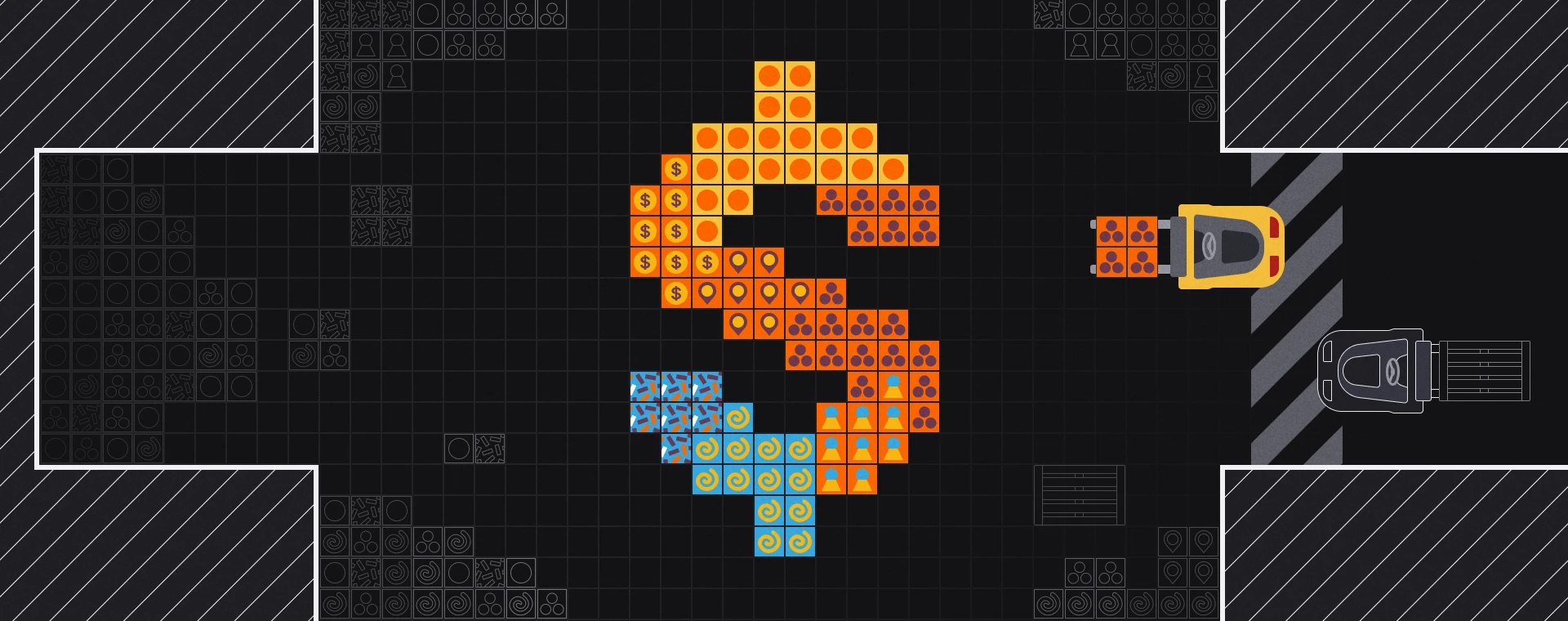 A dark, grid-style illustration showing a forklift moving colored blocks arranged in a circular process. The blocks use icons representing dollars, map pins, people, and other business concepts, suggesting manufacturing challenges like customer acquisition, lead generation, budgeting, and operational complexity.