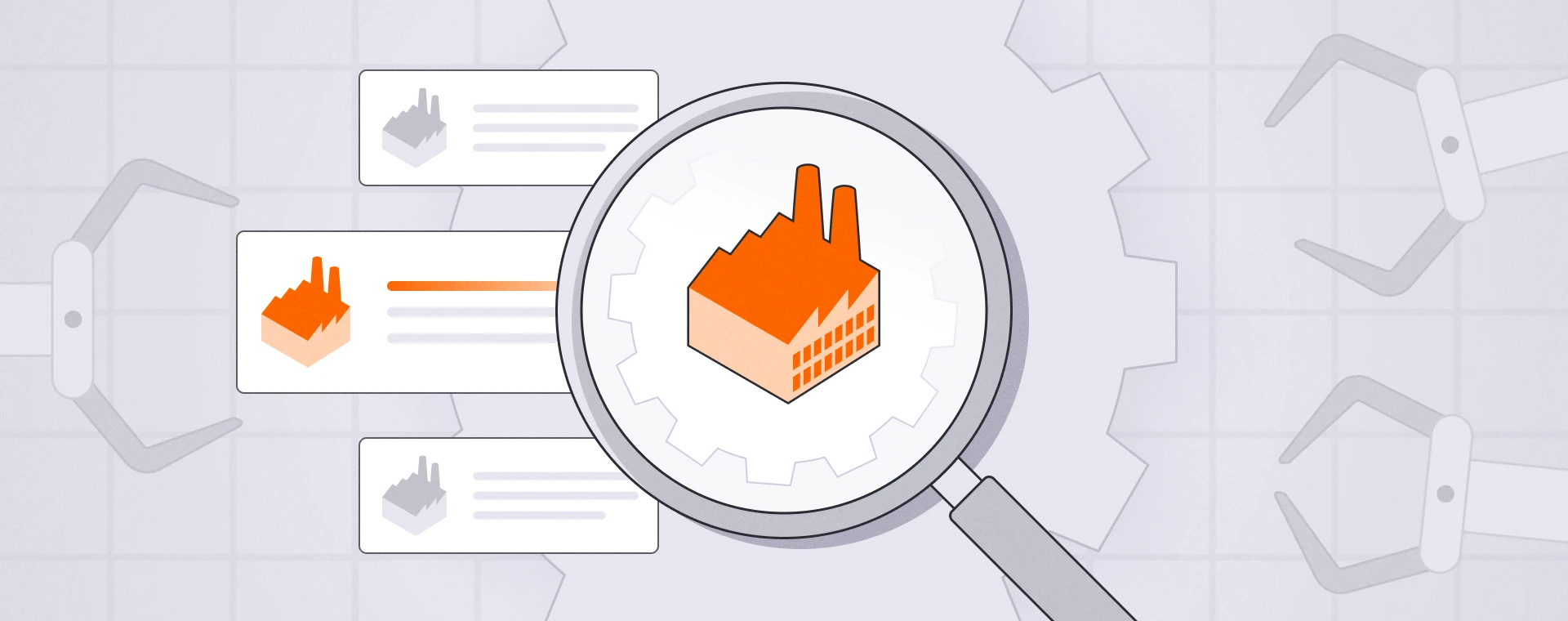 Illustration representing manufacturing SEO with factory listings, search visibility, and industrial website optimization