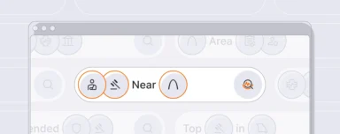 Mobile app interface showing a rounded toolbar with the word 'Near' and circular icons outlined in orange, including a person icon beyond the left edge.